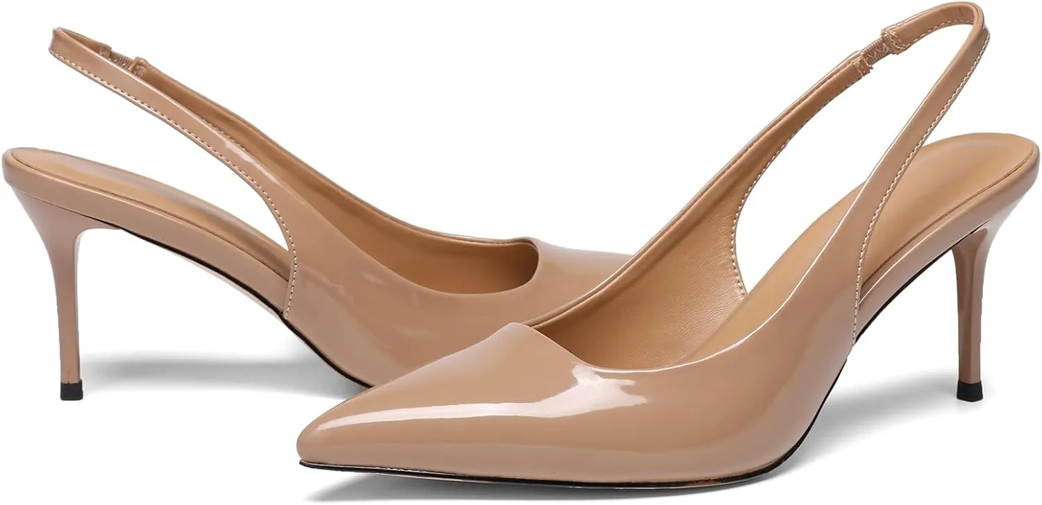 Slingback Heels for Women Patent Leather Stiletto Heel Pumps Pointed Toe Slip On Dress Shoes