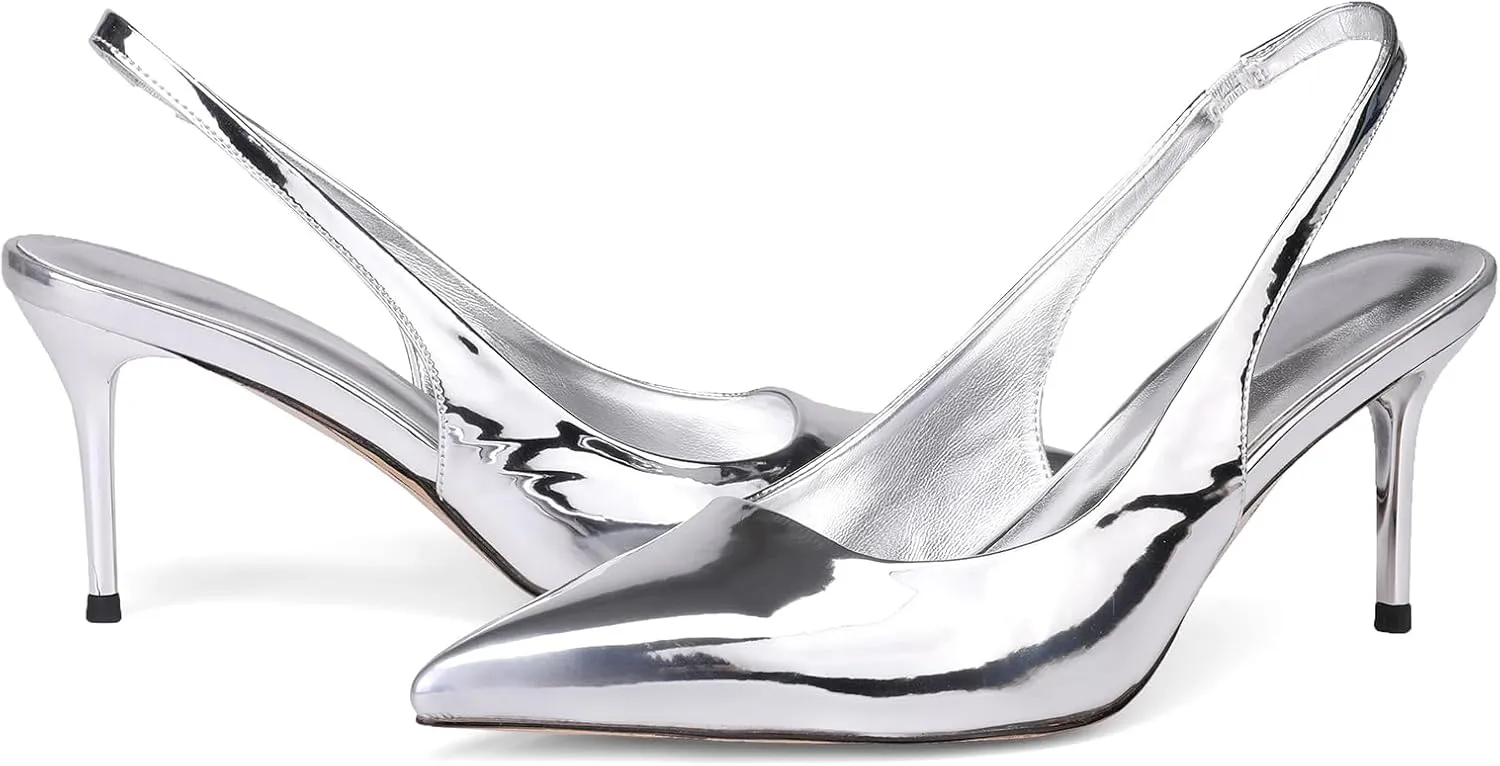 Slingback Heels for Women Patent Leather Stiletto Heel Pumps Pointed Toe Slip On Dress Shoes