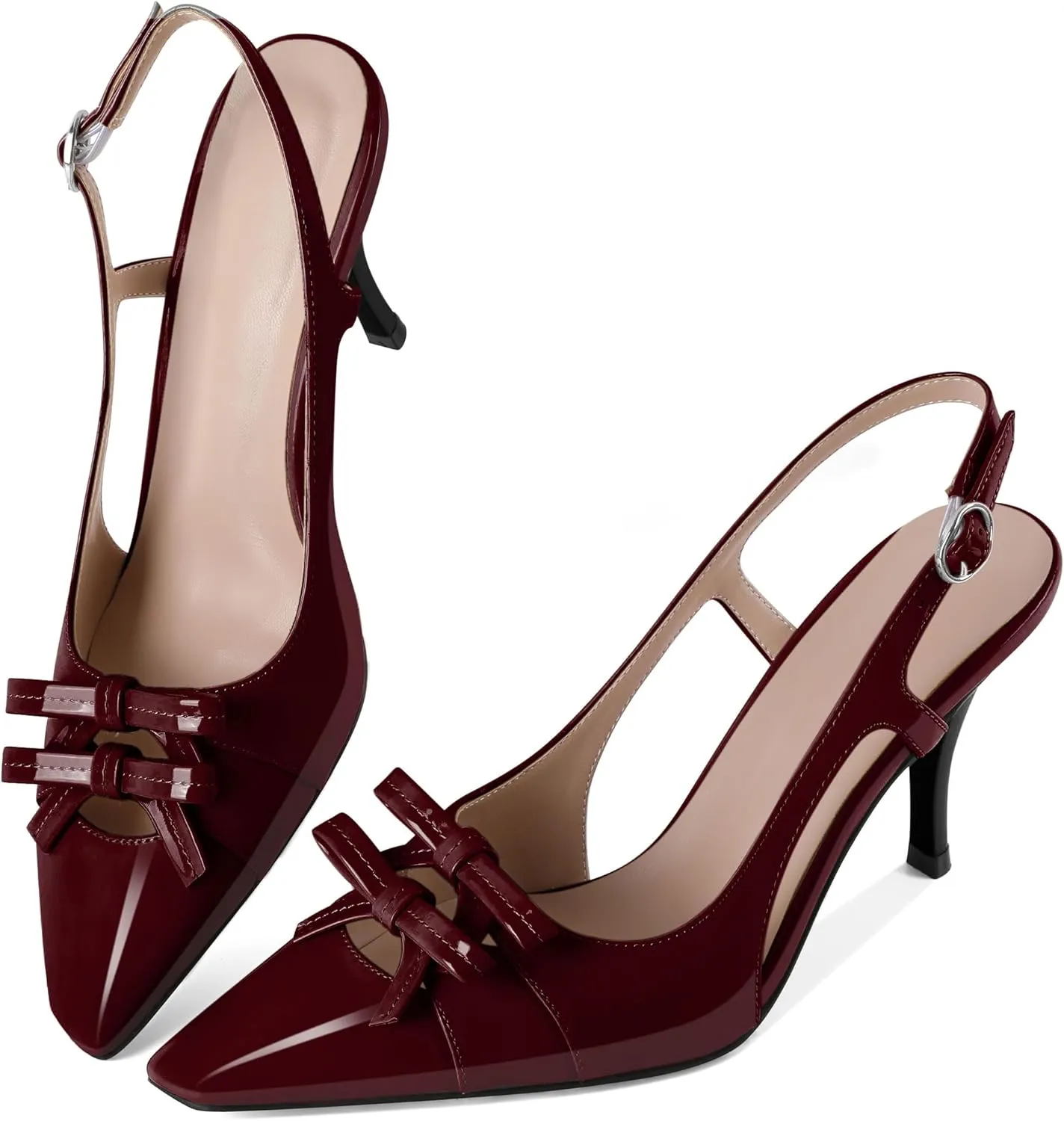 Slingback Heels Women Stilettos High Heel with Bow Square Toe Heels 3.5" Comfort Dress Pumps Shoes