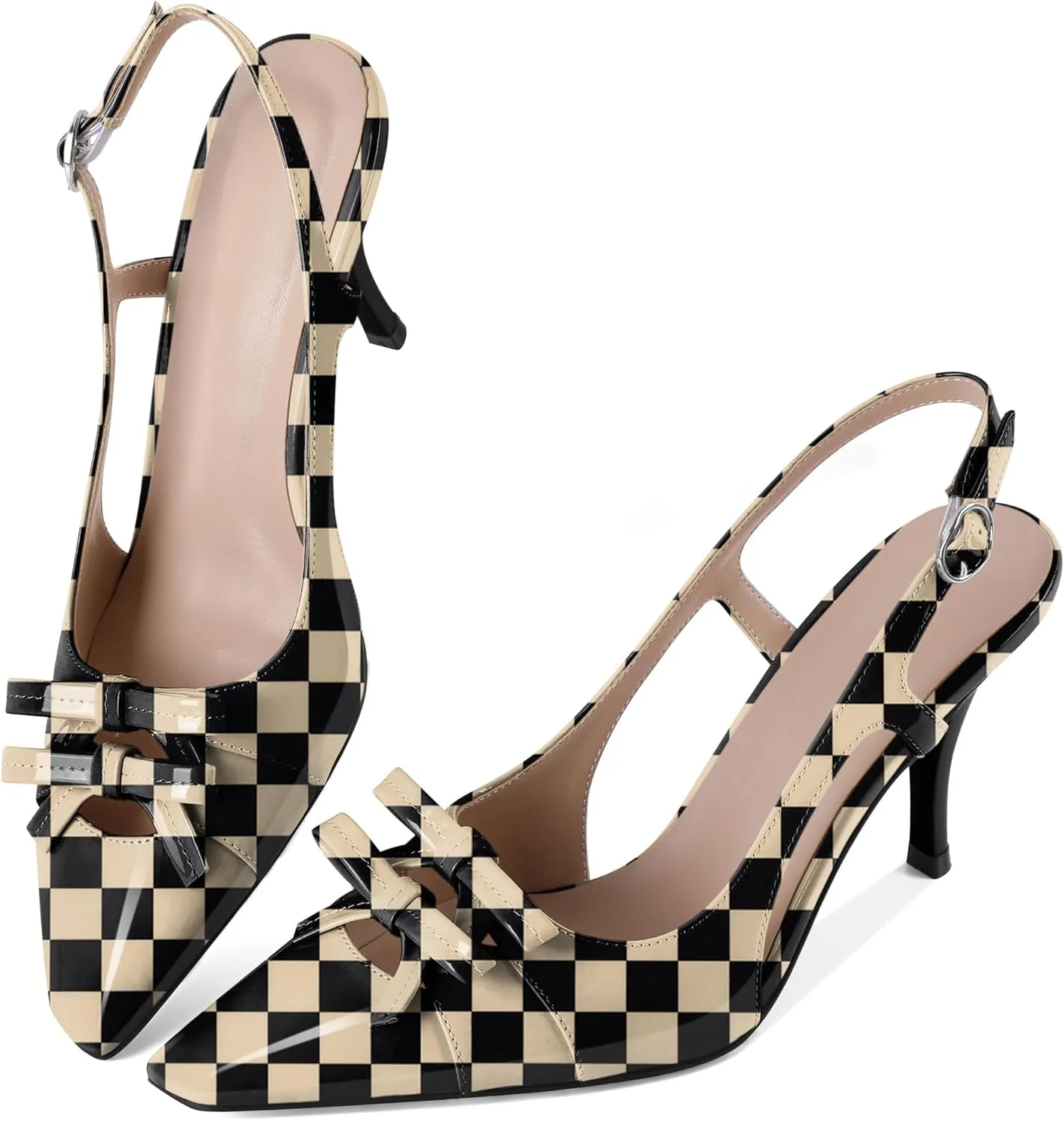 Slingback Heels Women Stilettos High Heel with Bow Square Toe Heels 3.5" Comfort Dress Pumps Shoes