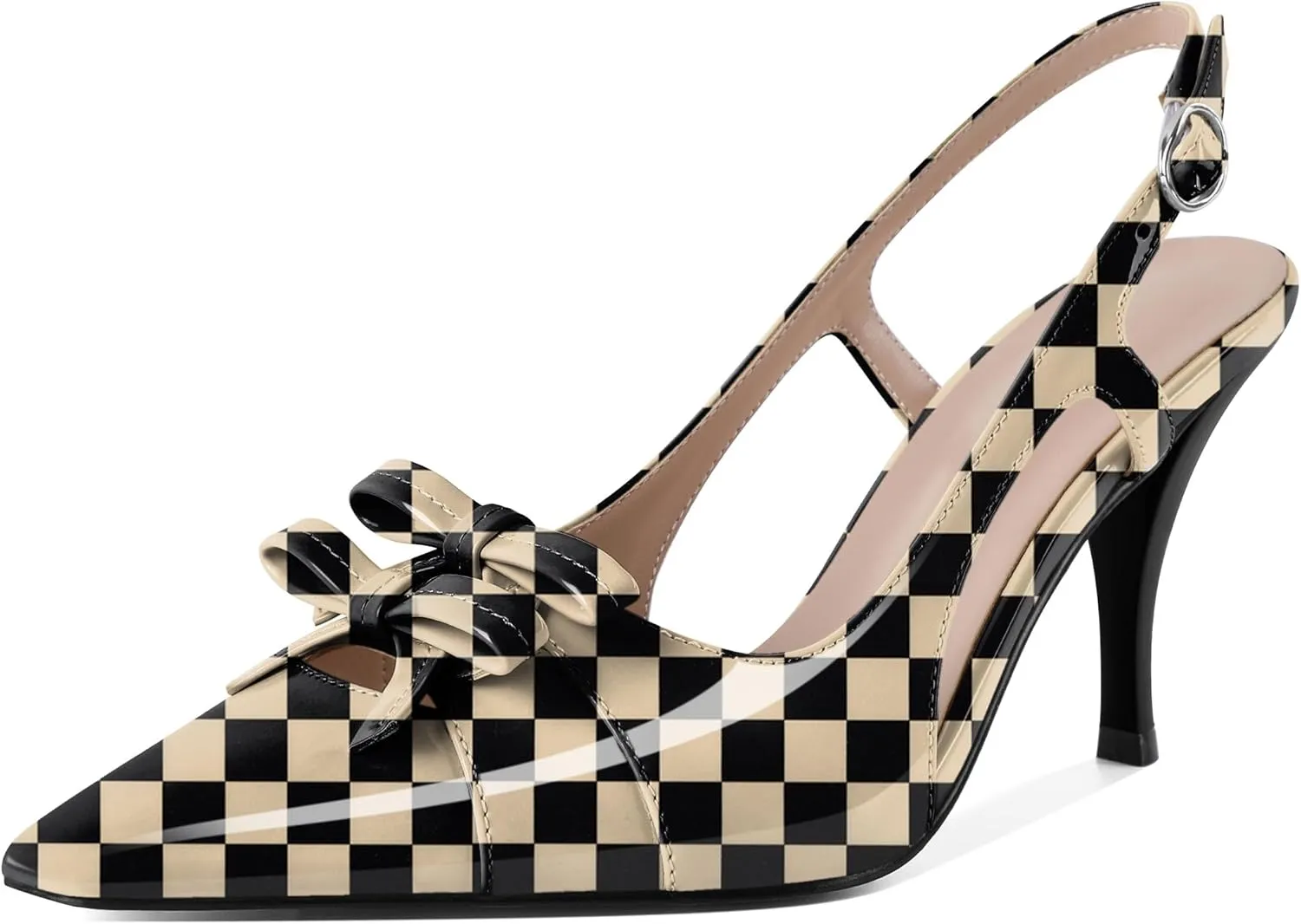 Slingback Heels Women Stilettos High Heel with Bow Square Toe Heels 3.5" Comfort Dress Pumps Shoes