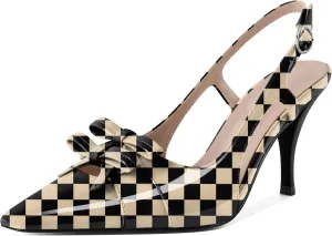 Slingback Heels Women Stilettos High Heel with Bow Square Toe Heels 3.5" Comfort Dress Pumps Shoes