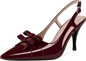 Slingback Heels Women Stilettos High Heel with Bow Square Toe Heels 3.5" Comfort Dress Pumps Shoes