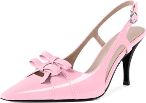 Slingback Heels Women Stilettos High Heel with Bow Square Toe Heels 3.5" Comfort Dress Pumps Shoes