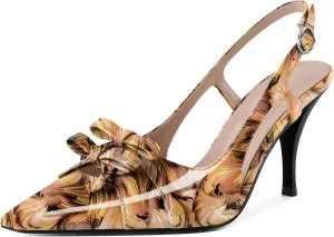 Slingback Heels Women Stilettos High Heel with Bow Square Toe Heels 3.5" Comfort Dress Pumps Shoes