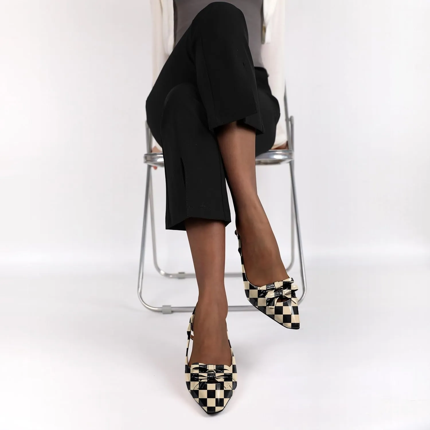 Slingback Heels Women Stilettos High Heel with Bow Square Toe Heels 3.5" Comfort Dress Pumps Shoes