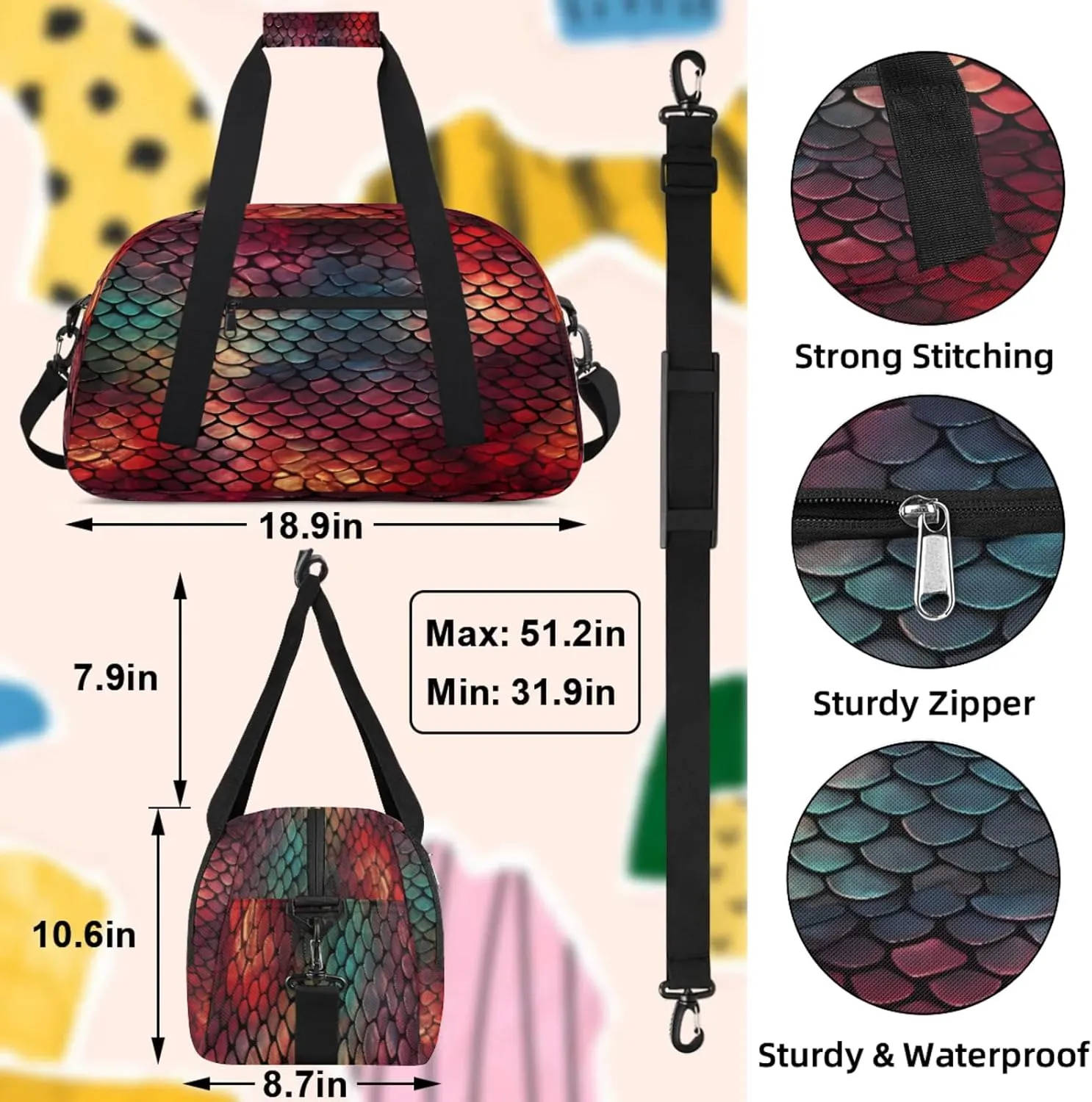 Snake Skin Print Small Gym Bag 18 inch Carry On Duffel Bag for Weekender Travel Sports Workout Yoga Gymnastics Dance Ballet