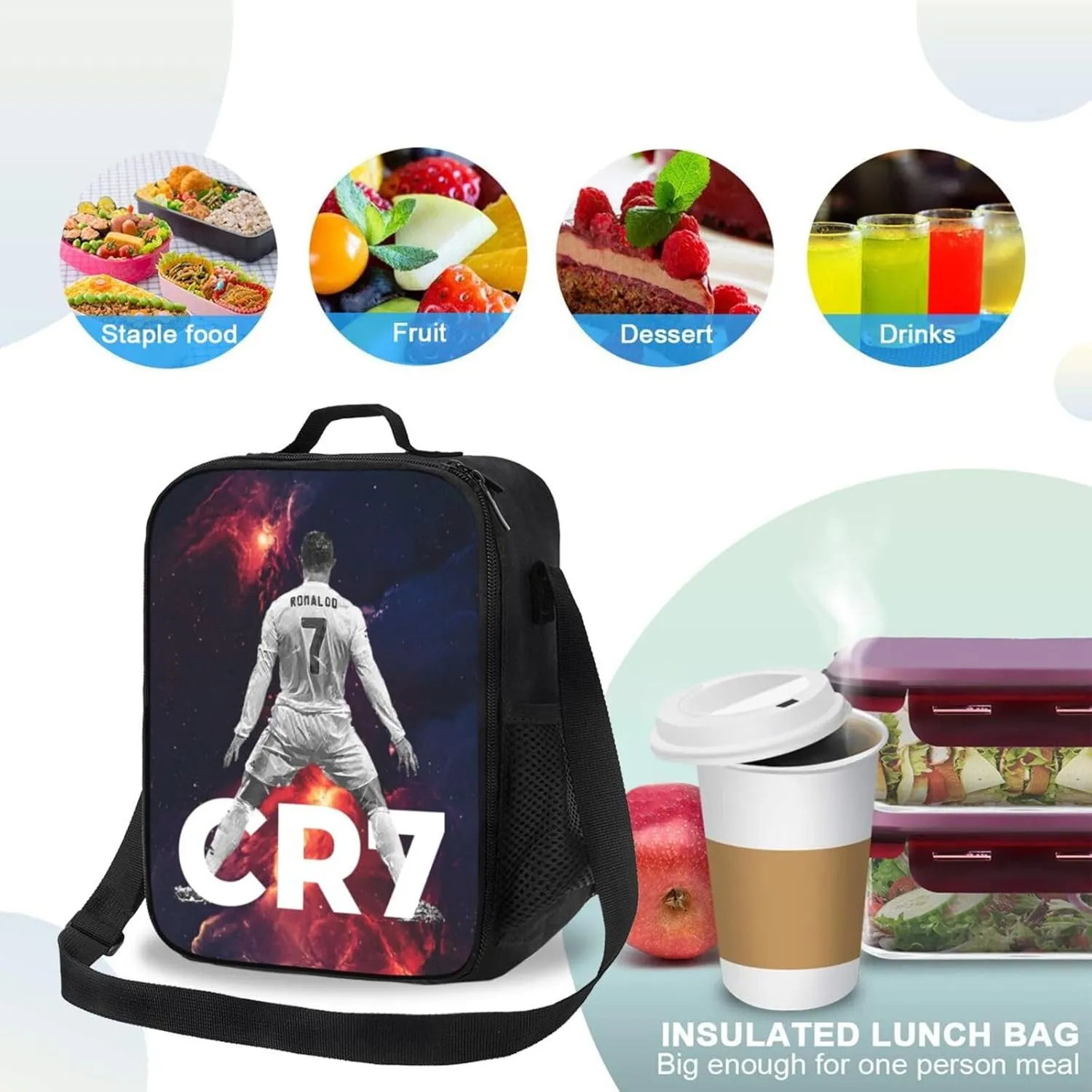 Soccer Number 7 Lunch Box,Insulated Lunch Box Reusable Lunch Tote Portable Bag For Work,Picnic,Travel,Hiking,Beach Or Fishing