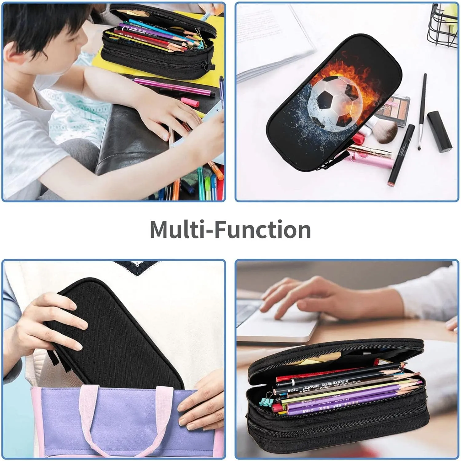 Soccer Pencil Box Case for Kids Boys, Sports-Themed Pencil Pouch Big Capacity Black Pencil Bag Portable Stationery Storage Box Desk Pen Bag for School Office