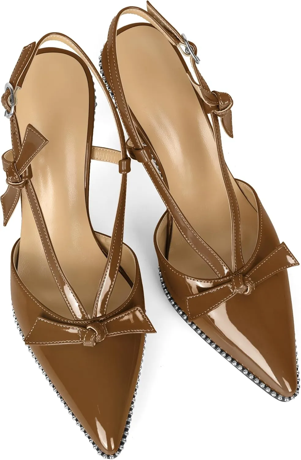 Soireelady Women Slingback Heels Bow High Heel Stilettos Beaded Pumps Pointed Toe Ankle Strap Dress Pumps Shoes 3.5 Inches
