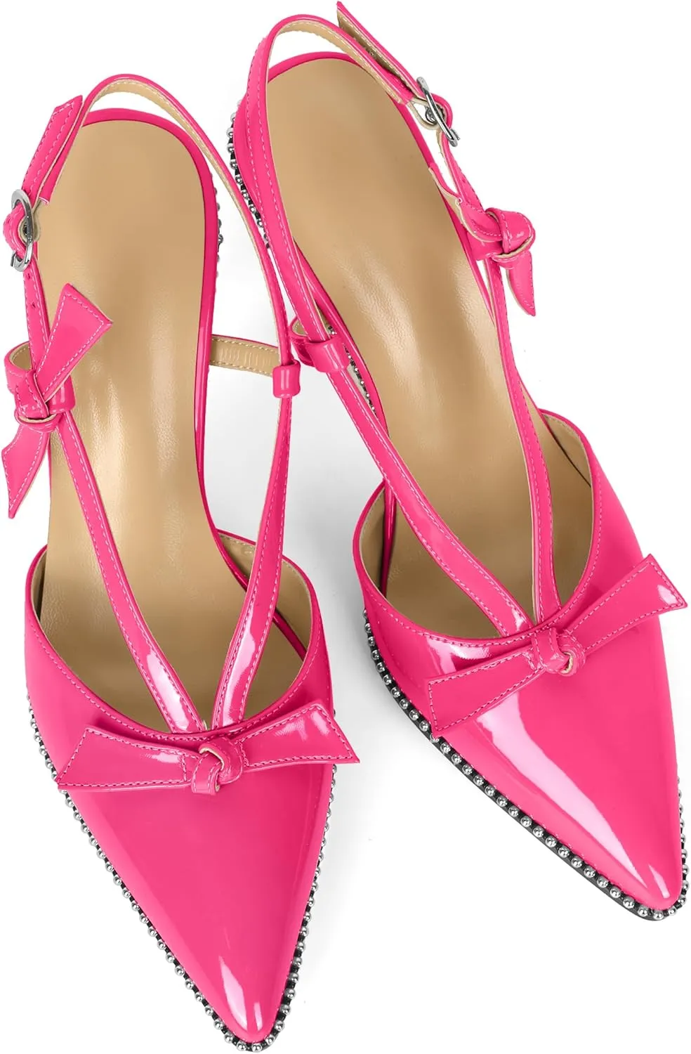 Soireelady Women Slingback Heels Bow High Heel Stilettos Beaded Pumps Pointed Toe Ankle Strap Dress Pumps Shoes 3.5 Inches