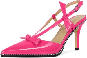 Soireelady Women Slingback Heels Bow High Heel Stilettos Beaded Pumps Pointed Toe Ankle Strap Dress Pumps Shoes 3.5 Inches