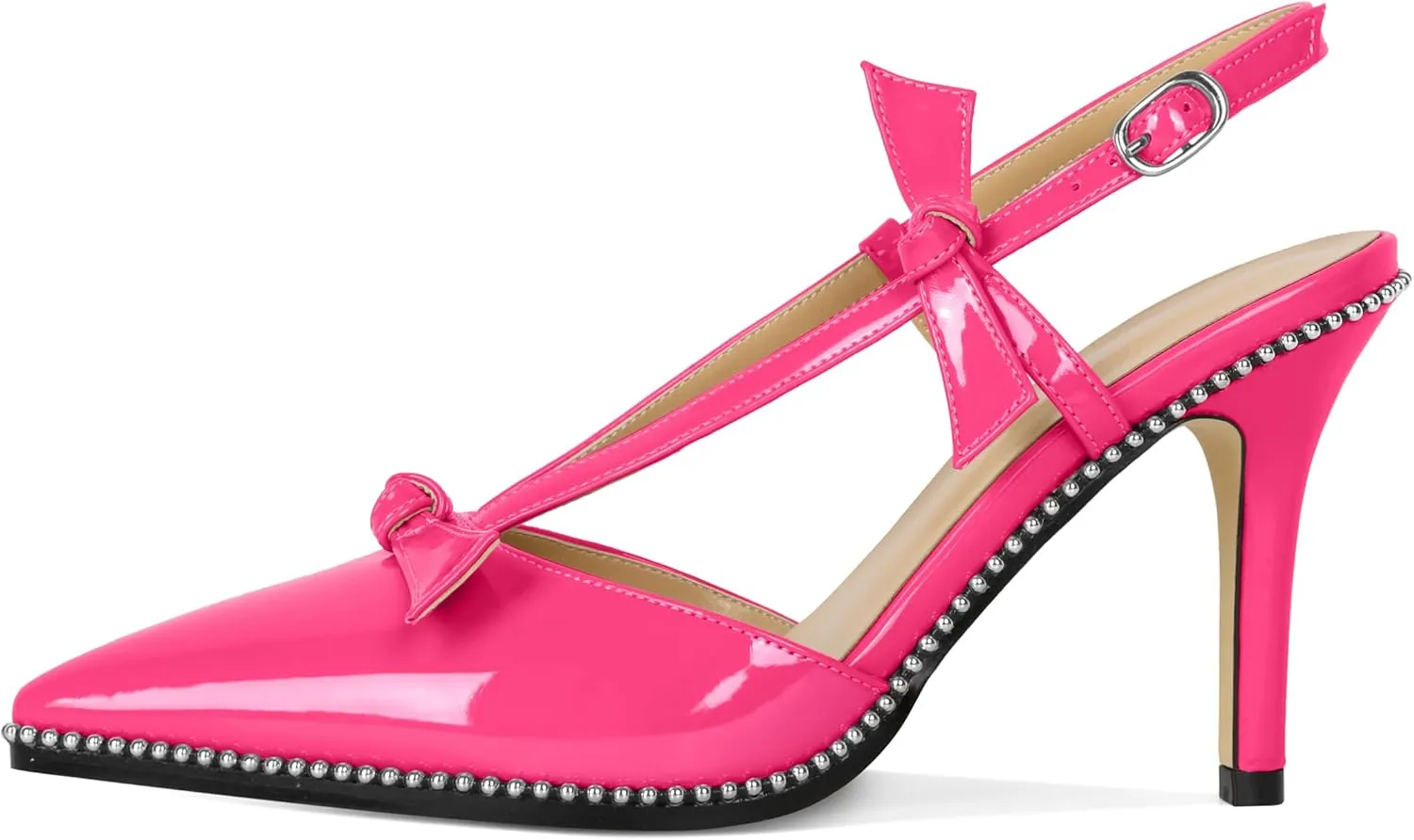 Soireelady Women Slingback Heels Bow High Heel Stilettos Beaded Pumps Pointed Toe Ankle Strap Dress Pumps Shoes 3.5 Inches