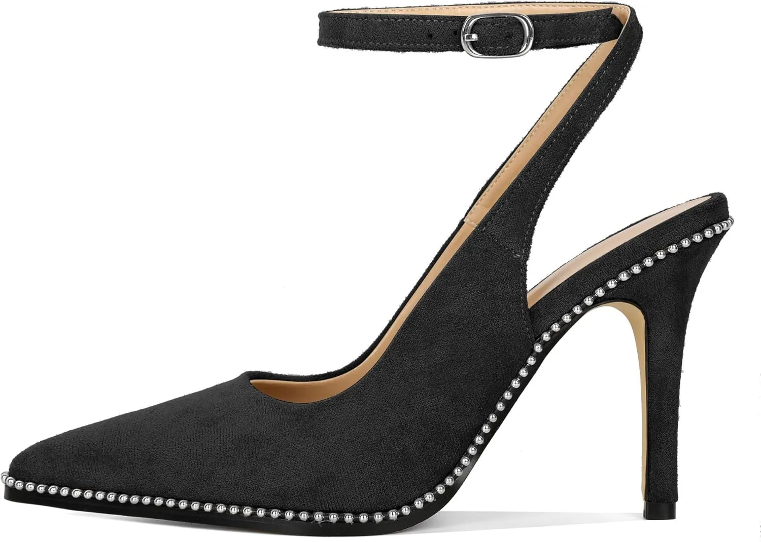 Soireelady Women Slingback High Heel Beaded Pumps Pointed Toe Stilettos Slip On Strappy Heels Ankle Strap Dress Pumps Shoes 3.5 Inches
