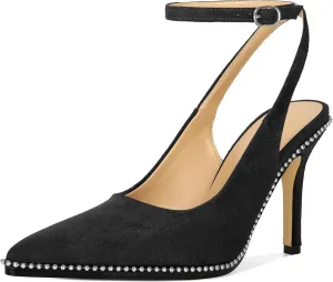 Soireelady Women Slingback High Heel Beaded Pumps Pointed Toe Stilettos Slip On Strappy Heels Ankle Strap Dress Pumps Shoes 3.5 Inches