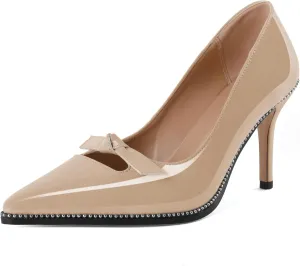 Soireelady Womens Beaded Pumps Stiletto High Heel with Bow Pointed Toe Slip On Fashion Dress Shoes Patent Leather 3.5 Inch