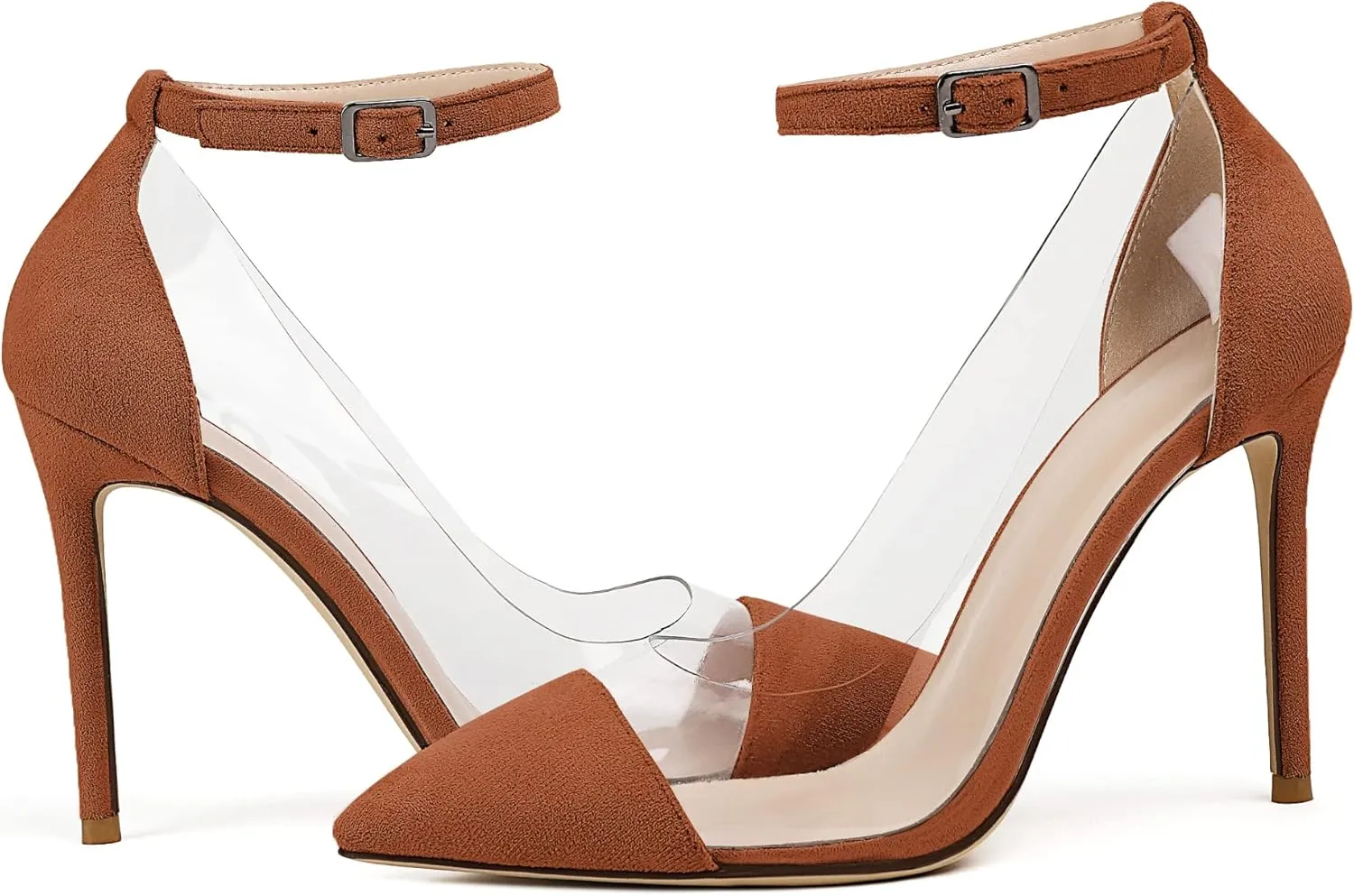 Soireelady Women's Clear Pumps Pointed Toe Ankle Buckle Stiletto Heel Dressy Wedding Shoes 4Inch