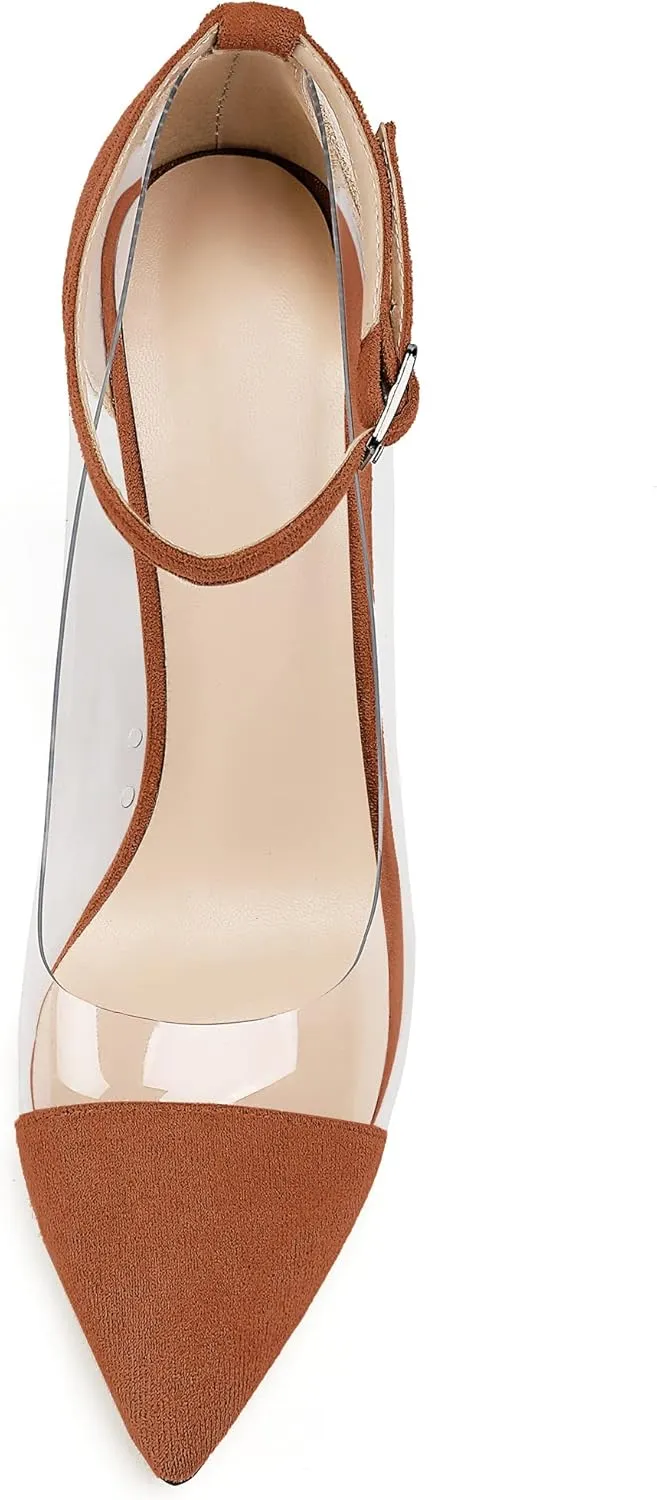 Soireelady Women's Clear Pumps Pointed Toe Ankle Buckle Stiletto Heel Dressy Wedding Shoes 4Inch