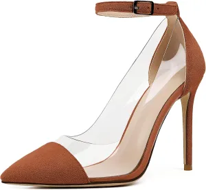Soireelady Women's Clear Pumps Pointed Toe Ankle Buckle Stiletto Heel Dressy Wedding Shoes 4Inch