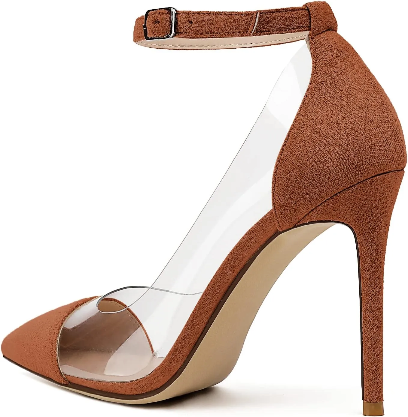 Soireelady Women's Clear Pumps Pointed Toe Ankle Buckle Stiletto Heel Dressy Wedding Shoes 4Inch