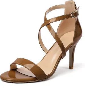 Soireelady Women's Heeled Sandals Open Toe Crisscross Ankle Strip 3.4 Inch Patent Geliter Wedding Dressy Shoes