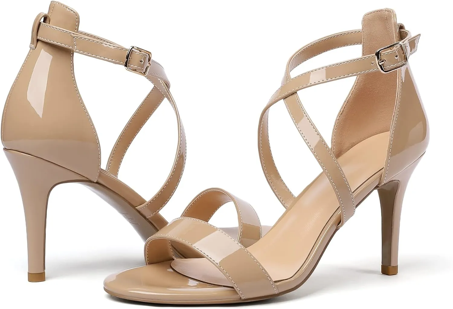 Soireelady Women's Heeled Sandals Open Toe Crisscross Ankle Strip 3.4 Inch Patent Geliter Wedding Dressy Shoes