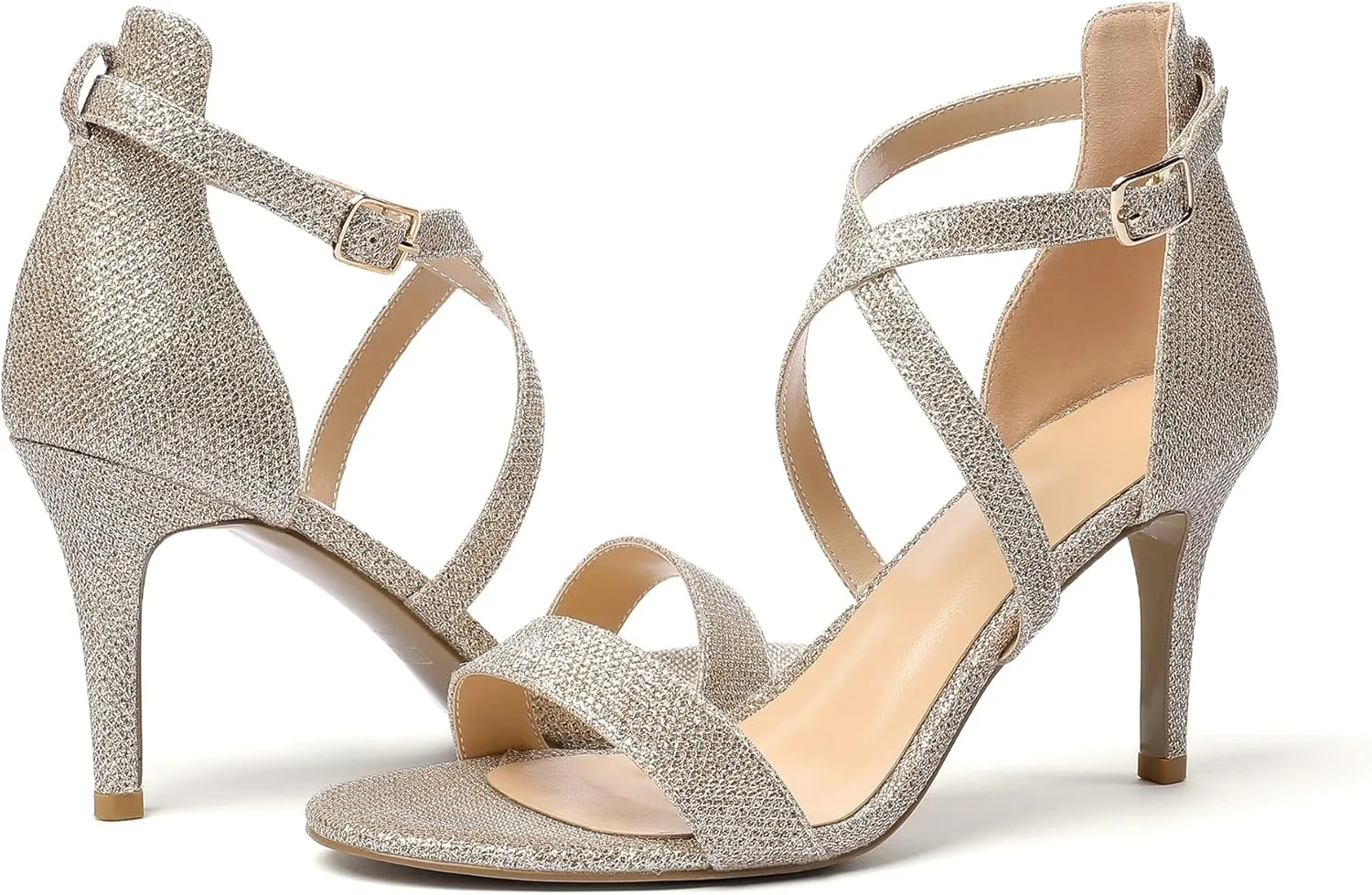 Soireelady Women's Heeled Sandals Open Toe Crisscross Ankle Strip 3.4 Inch Patent Geliter Wedding Dressy Shoes