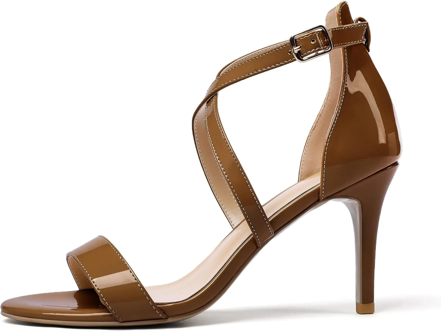 Soireelady Women's Heeled Sandals Open Toe Crisscross Ankle Strip 3.4 Inch Patent Geliter Wedding Dressy Shoes