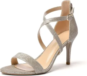 Soireelady Women's Heeled Sandals Open Toe Crisscross Ankle Strip 3.4 Inch Patent Geliter Wedding Dressy Shoes