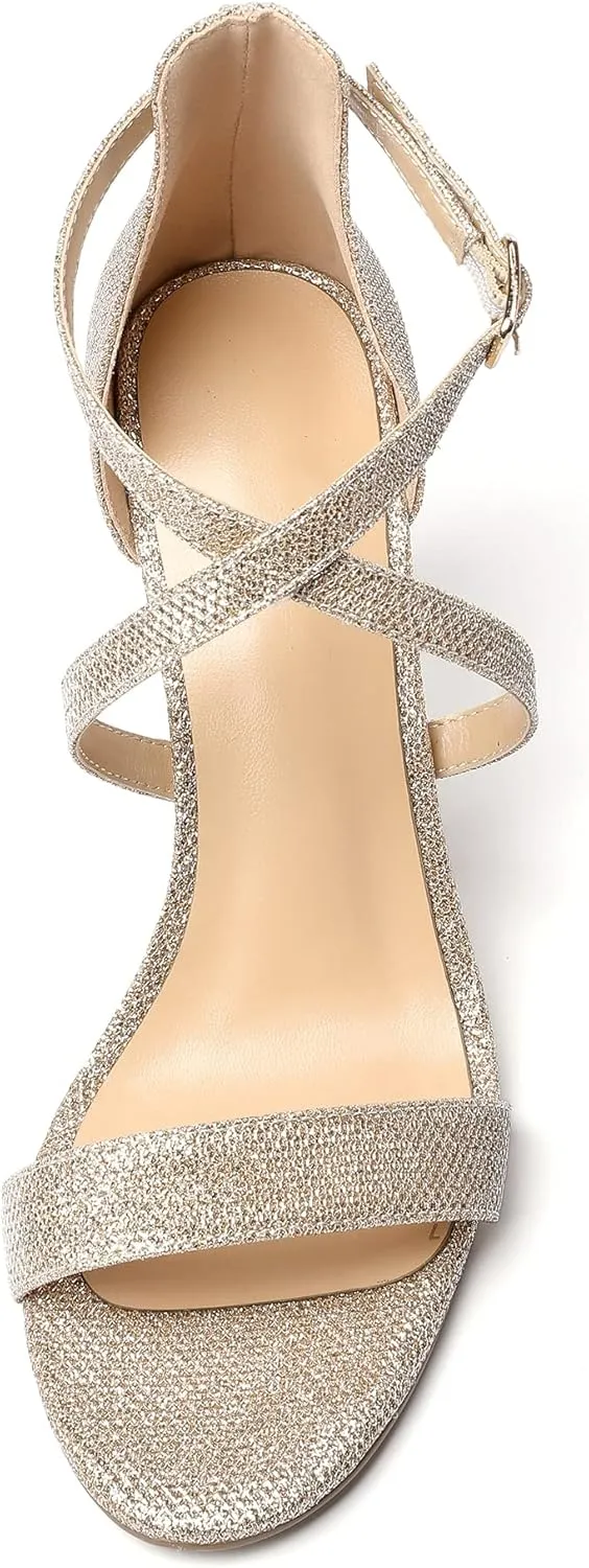 Soireelady Women's Heeled Sandals Open Toe Crisscross Ankle Strip 3.4 Inch Patent Geliter Wedding Dressy Shoes