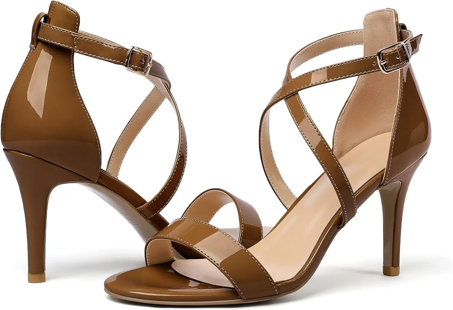 Soireelady Women's Heeled Sandals Open Toe Crisscross Ankle Strip 3.4 Inch Patent Geliter Wedding Dressy Shoes