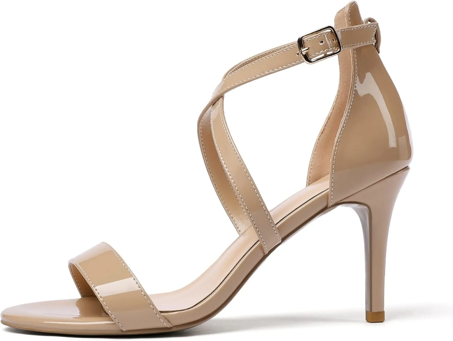 Soireelady Women's Heeled Sandals Open Toe Crisscross Ankle Strip 3.4 Inch Patent Geliter Wedding Dressy Shoes