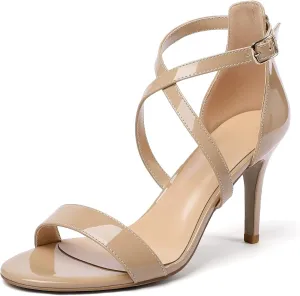 Soireelady Women's Heeled Sandals Open Toe Crisscross Ankle Strip 3.4 Inch Patent Geliter Wedding Dressy Shoes