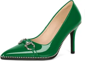 Soireelady Womens High Heel Beaded Pumps Closed Pointed Toe Stiletto Heels Buckle Bow Slip On Fashion Dress Shoes Patent 3.5 Inch