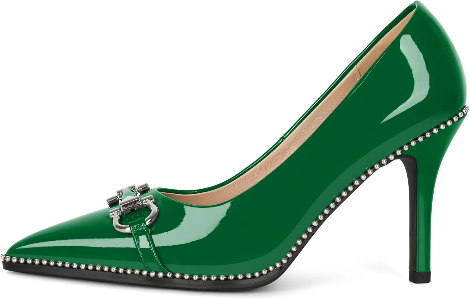 Soireelady Womens High Heel Beaded Pumps Closed Pointed Toe Stiletto Heels Buckle Bow Slip On Fashion Dress Shoes Patent 3.5 Inch