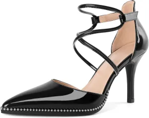 Soireelady Womens High Heel Stilettos Beaded Pumps Criss Cross Ankle Strappy Pointed Toe D'Orsay Heel Dress Shoes 3.5 Inch