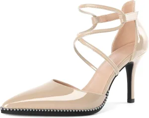 Soireelady Womens High Heel Stilettos Beaded Pumps Criss Cross Ankle Strappy Pointed Toe D'Orsay Heel Dress Shoes 3.5 Inch