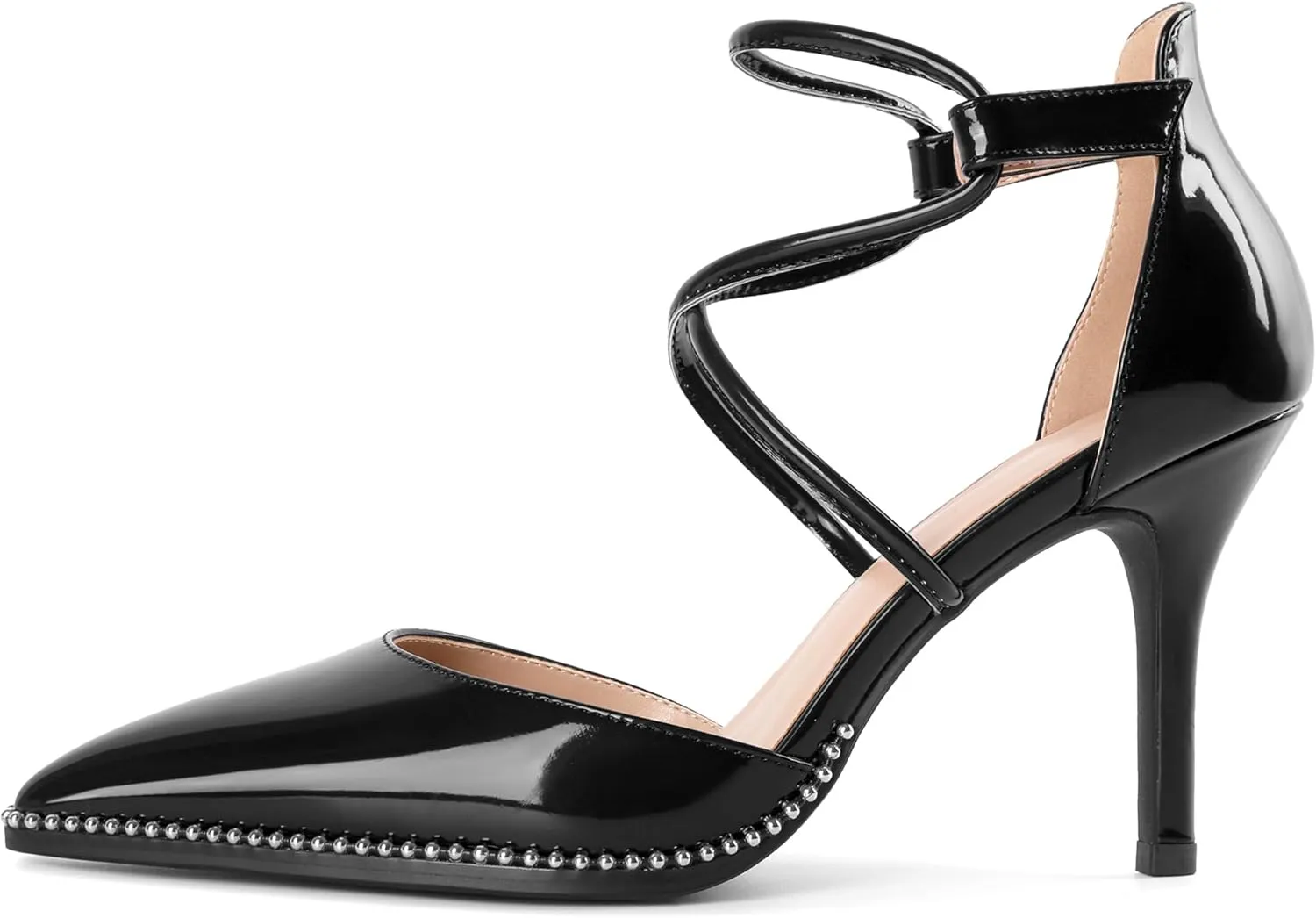 Soireelady Womens High Heel Stilettos Beaded Pumps Criss Cross Ankle Strappy Pointed Toe D'Orsay Heel Dress Shoes 3.5 Inch