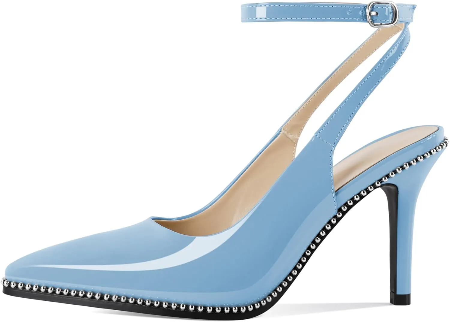 Soireelady Women's Slingback Heels Ankle Strap Pointed Toe Stilettos High Heel Beaded Pumps Dress Shoes 3.5 Inches