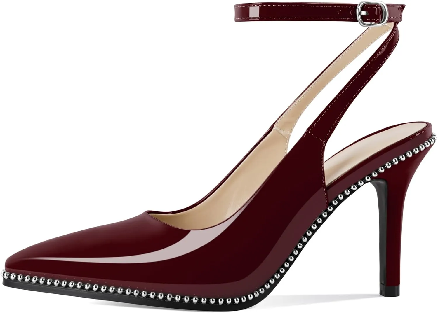 Soireelady Women's Slingback Heels Ankle Strap Pointed Toe Stilettos High Heel Beaded Pumps Dress Shoes 3.5 Inches