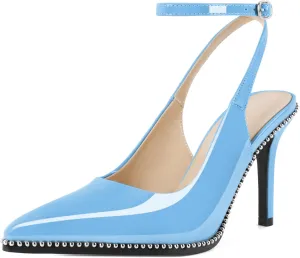 Soireelady Women's Slingback Heels Ankle Strap Pointed Toe Stilettos High Heel Beaded Pumps Dress Shoes 3.5 Inches
