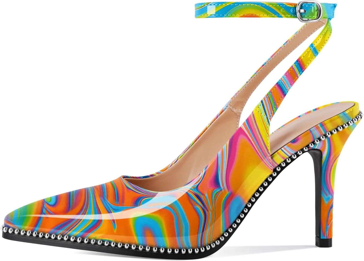 Soireelady Women's Slingback Heels Ankle Strap Pointed Toe Stilettos High Heel Beaded Pumps Dress Shoes 3.5 Inches