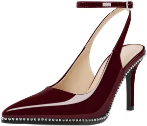 Soireelady Women's Slingback Heels Ankle Strap Pointed Toe Stilettos High Heel Beaded Pumps Dress Shoes 3.5 Inches