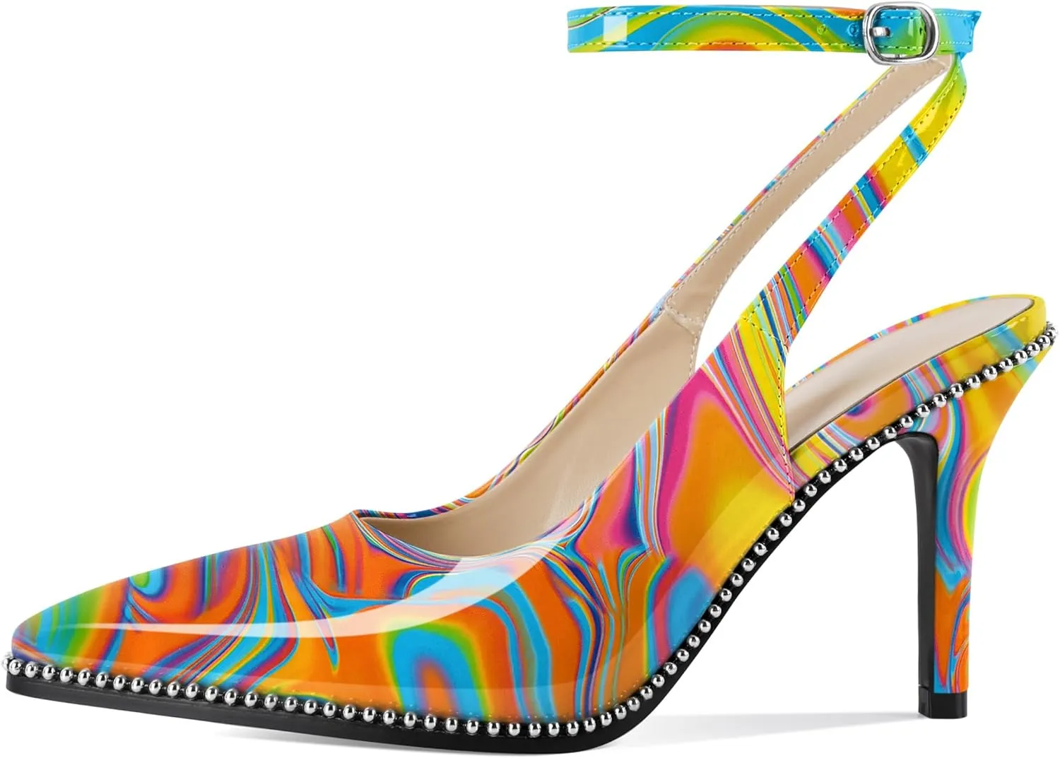 Soireelady Women's Slingback Heels Ankle Strap Pointed Toe Stilettos High Heel Beaded Pumps Dress Shoes 3.5 Inches