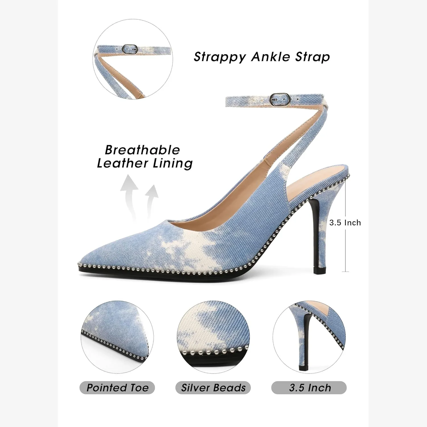 Soireelady Women's Slingback Heels Ankle Strap Pointed Toe Stilettos High Heel Beaded Pumps Dress Shoes 3.5 Inches