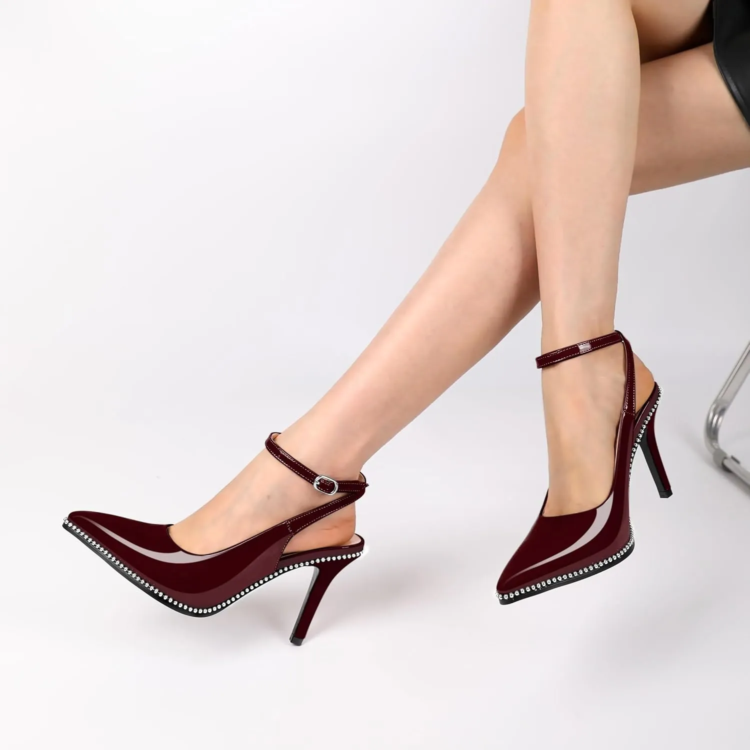 Soireelady Women's Slingback Heels Ankle Strap Pointed Toe Stilettos High Heel Beaded Pumps Dress Shoes 3.5 Inches