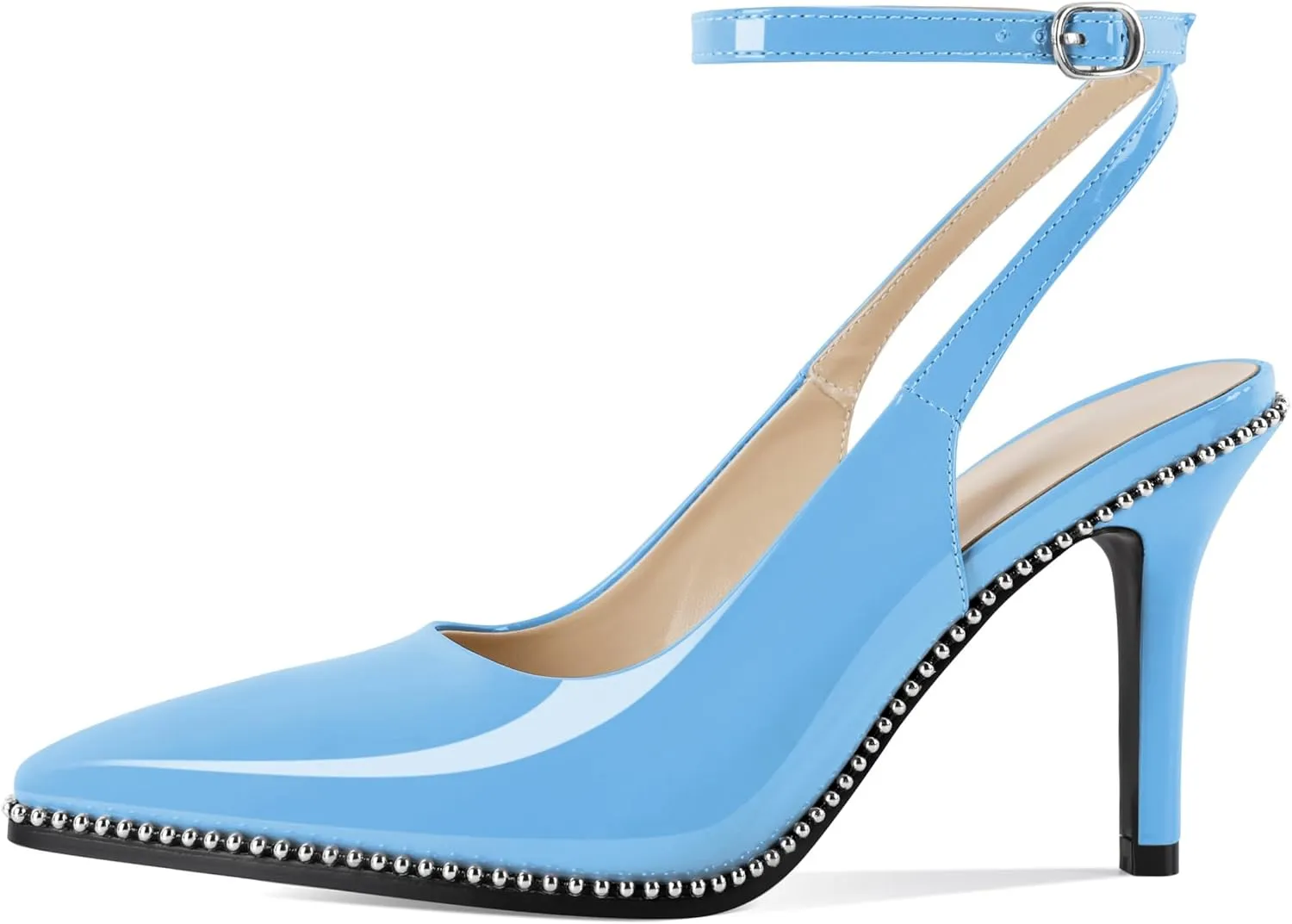 Soireelady Women's Slingback Heels Ankle Strap Pointed Toe Stilettos High Heel Beaded Pumps Dress Shoes 3.5 Inches