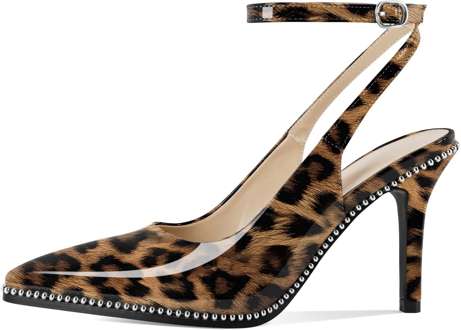 Soireelady Women's Slingback Heels Ankle Strap Pointed Toe Stilettos High Heel Beaded Pumps Dress Shoes 3.5 Inches
