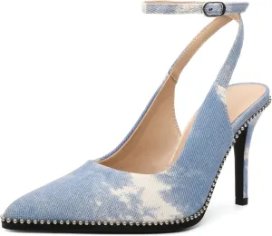 Soireelady Women's Slingback Heels Ankle Strap Pointed Toe Stilettos High Heel Beaded Pumps Dress Shoes 3.5 Inches