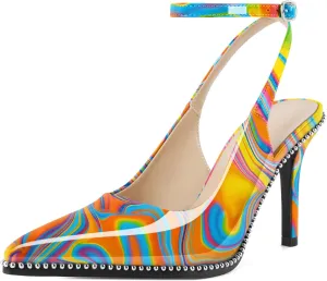 Soireelady Women's Slingback Heels Ankle Strap Pointed Toe Stilettos High Heel Beaded Pumps Dress Shoes 3.5 Inches